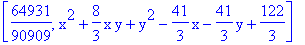 [64931/90909, x^2+8/3*x*y+y^2-41/3*x-41/3*y+122/3]